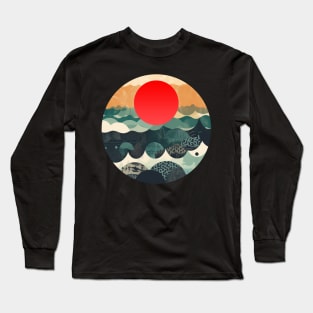 Red sun Japanese Art Inspired Patterned Ocean Long Sleeve T-Shirt